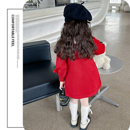 Baby Girls Long Sleeve Cherry Knitted Dress Spring and Autumn Cute Princess Dress