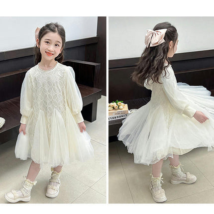 Girls Princess Dress Spring and Autumn Sequined Long Sleeve Puffy Fishtail Dress