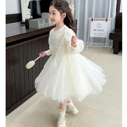 Girls Princess Dress Spring and Autumn Sequined Long Sleeve Puffy Fishtail Dress