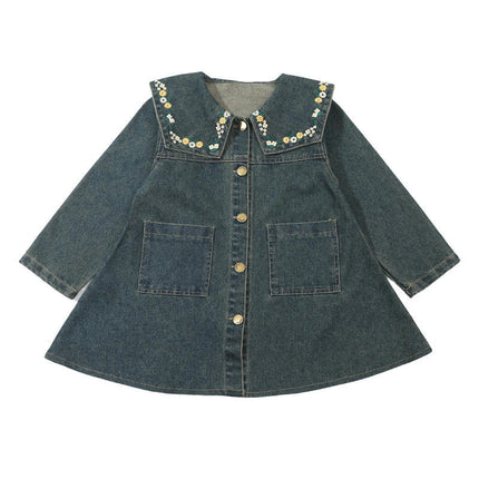 Baby Girls Denim Dress Flower Embroidered Collar Long Sleeve Button Dress
