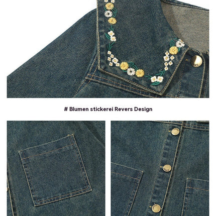 Baby Girls Denim Dress Flower Embroidered Collar Long Sleeve Button Dress