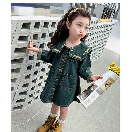 Baby Girls Denim Dress Flower Embroidered Collar Long Sleeve Button Dress