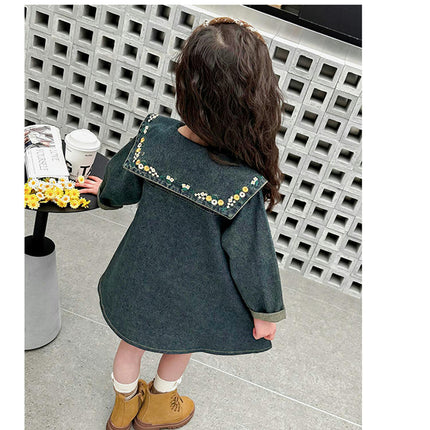Baby Girls Denim Dress Flower Embroidered Collar Long Sleeve Button Dress