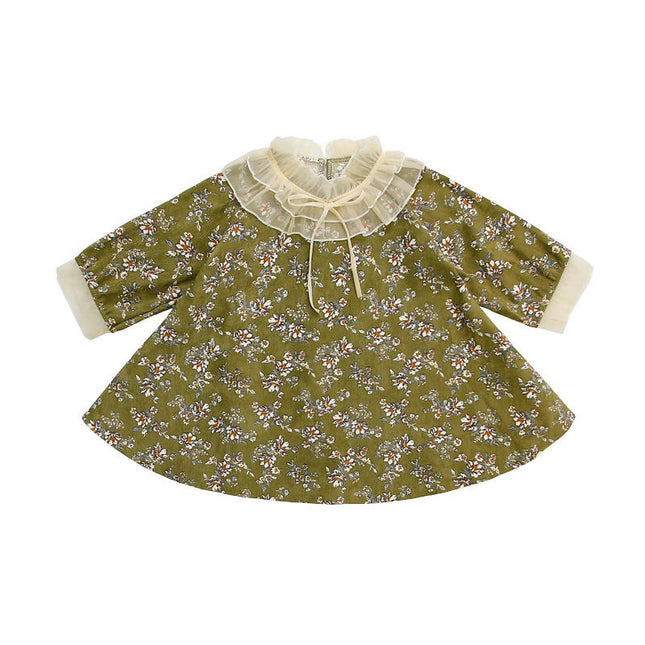 Girls long sleeve floral dress spring and autumn ruffled lace collar princess dress