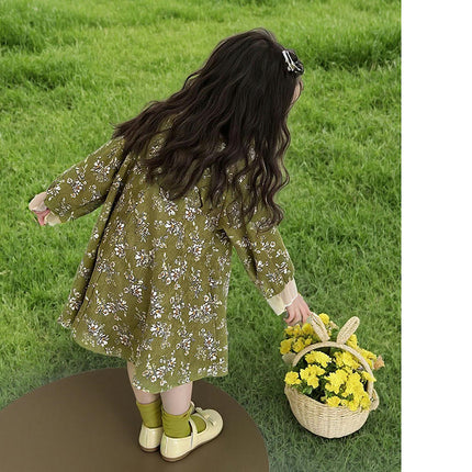 Girls long sleeve floral dress spring and autumn ruffled lace collar princess dress