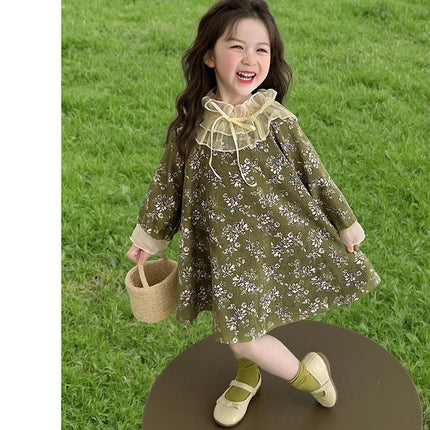 Girls long sleeve floral dress spring and autumn ruffled lace collar princess dress