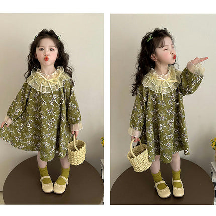 Girls long sleeve floral dress spring and autumn ruffled lace collar princess dress