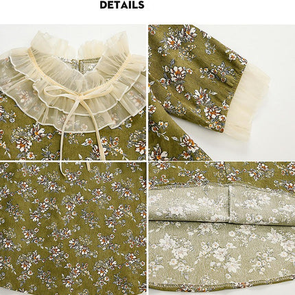 Girls long sleeve floral dress spring and autumn ruffled lace collar princess dress