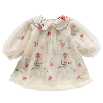 Children's Rose Print Dress Spring and Autumn Long Sleeve Lapel Mesh Dress