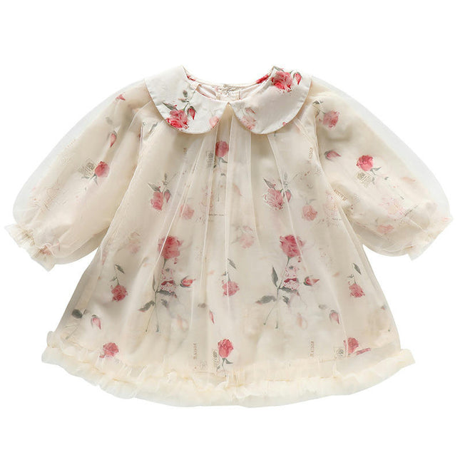 Children's Rose Print Dress Spring and Autumn Long Sleeve Lapel Mesh Dress