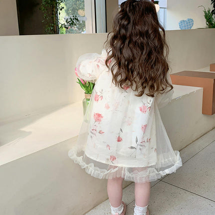 Children's Rose Print Dress Spring and Autumn Long Sleeve Lapel Mesh Dress