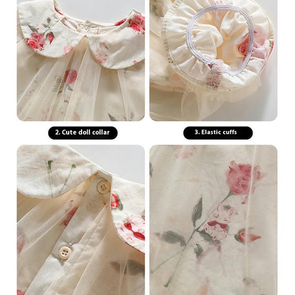 Children's Rose Print Dress Spring and Autumn Long Sleeve Lapel Mesh Dress