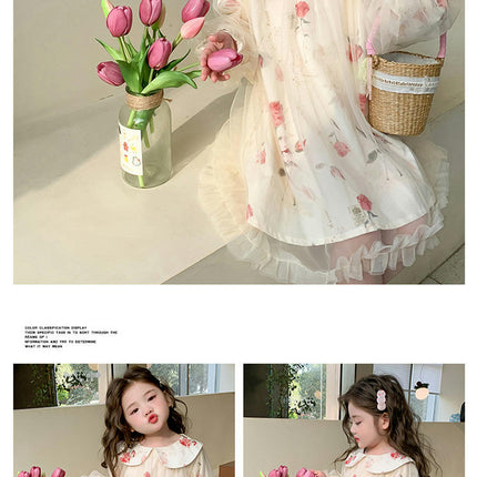 Children's Rose Print Dress Spring and Autumn Long Sleeve Lapel Mesh Dress
