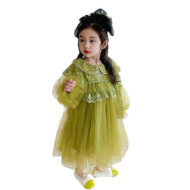 Girls Puff Sleeve Dress Autumn Beaded Doll Collar Mesh Flowing Princess Dress