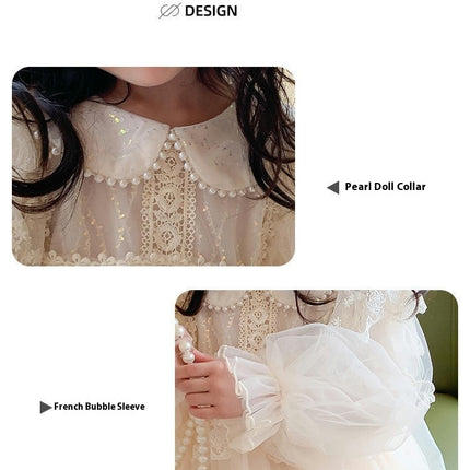 Girls Puff Sleeve Dress Autumn Beaded Doll Collar Mesh Flowing Princess Dress