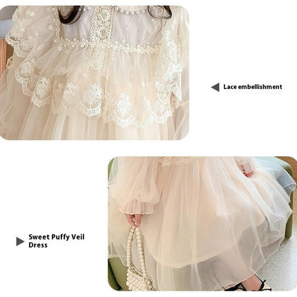 Girls Puff Sleeve Dress Autumn Beaded Doll Collar Mesh Flowing Princess Dress
