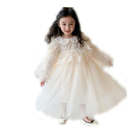Girls Puff Sleeve Dress Autumn Beaded Doll Collar Mesh Flowing Princess Dress
