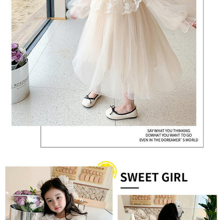 Girls Puff Sleeve Dress Autumn Beaded Doll Collar Mesh Flowing Princess Dress