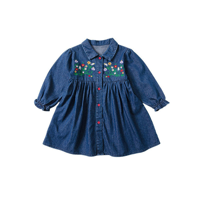 Girls Embroidered Denim Dress Spring and Autumn Long Sleeve Lapel Princess Dress