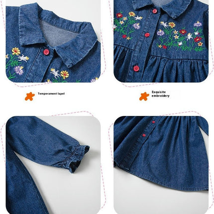 Girls Embroidered Denim Dress Spring and Autumn Long Sleeve Lapel Princess Dress