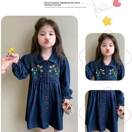 Girls Embroidered Denim Dress Spring and Autumn Long Sleeve Lapel Princess Dress