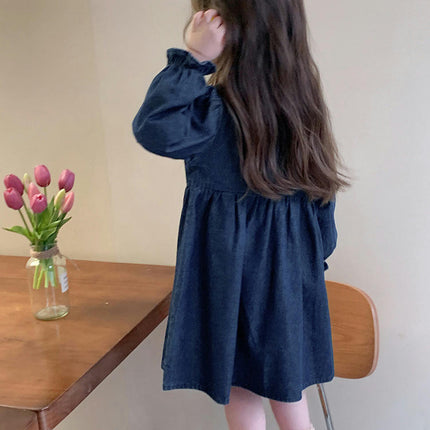 Girls Embroidered Denim Dress Spring and Autumn Long Sleeve Lapel Princess Dress