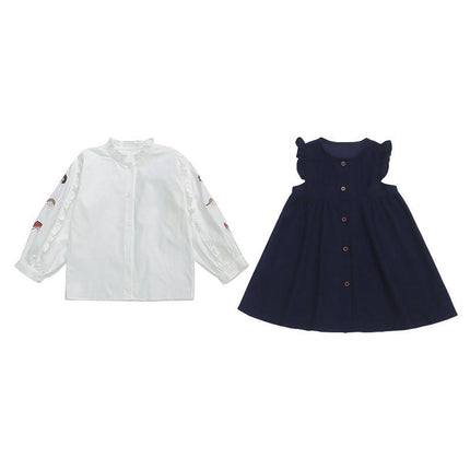 Girls Spring Vest Dress Set Long Sleeve Embroidered Top and Vest Dress 2-Piece Set