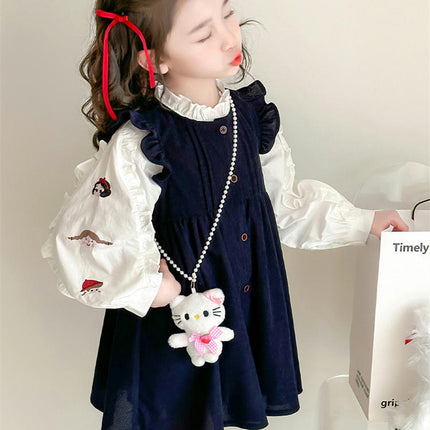 Girls Spring Vest Dress Set Long Sleeve Embroidered Top and Vest Dress 2-Piece Set