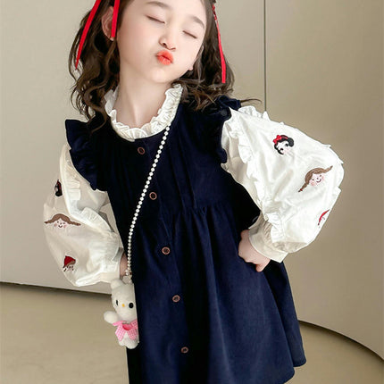 Girls Spring Vest Dress Set Long Sleeve Embroidered Top and Vest Dress 2-Piece Set