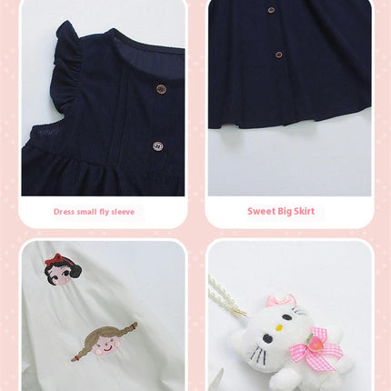 Girls Spring Vest Dress Set Long Sleeve Embroidered Top and Vest Dress 2-Piece Set