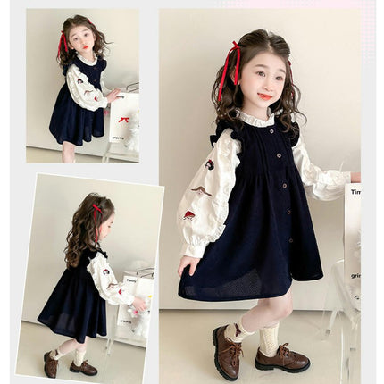 Girls Spring Vest Dress Set Long Sleeve Embroidered Top and Vest Dress 2-Piece Set