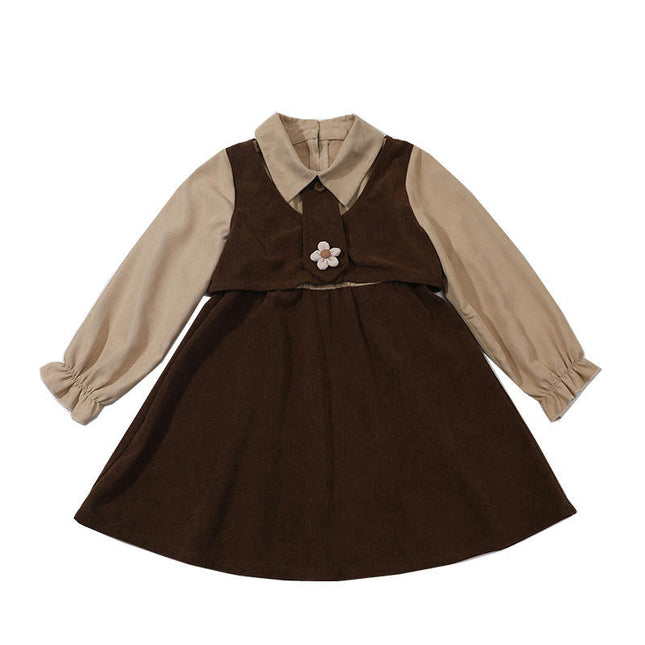 Girls Spring Contrast Color Dress Long Sleeve Corduroy Peter Pan Collar Splicing Princess Dress