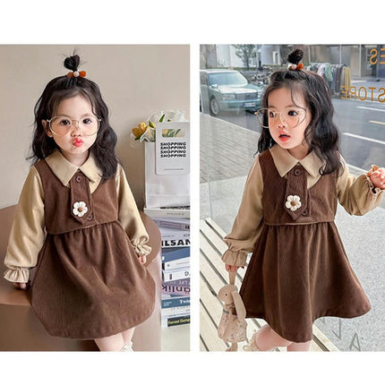 Girls Spring Contrast Color Dress Long Sleeve Corduroy Peter Pan Collar Splicing Princess Dress