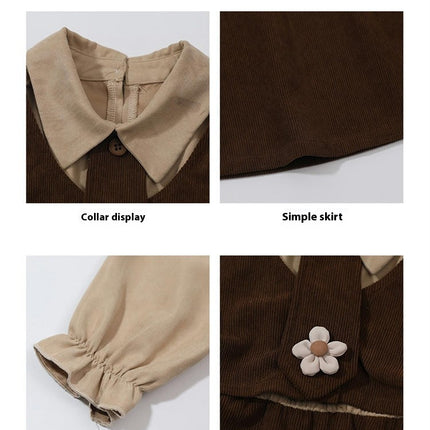 Girls Spring Contrast Color Dress Long Sleeve Corduroy Peter Pan Collar Splicing Princess Dress