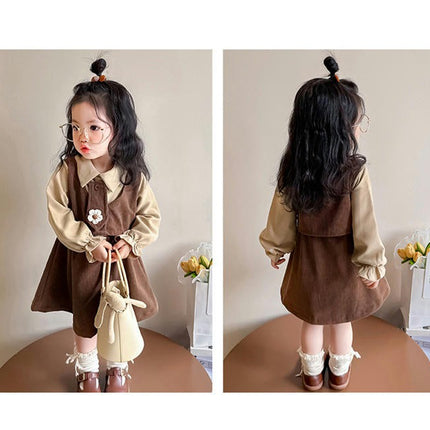 Girls Spring Contrast Color Dress Long Sleeve Corduroy Peter Pan Collar Splicing Princess Dress