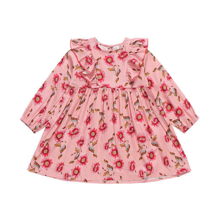 Toddler Girls Long Sleeve Dress Fall Autuman Cotton Casual Floal Printed Round Neck dress