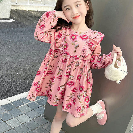 Toddler Girls Long Sleeve Dress Fall Autuman Cotton Casual Floal Printed Round Neck dress