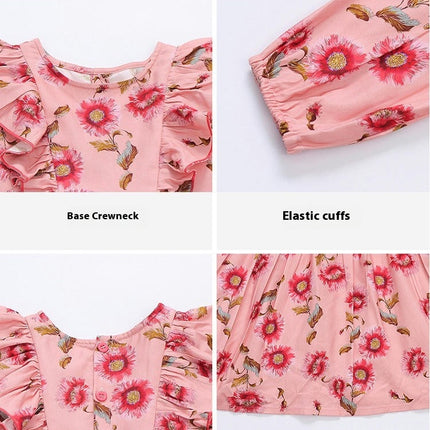 Toddler Girls Long Sleeve Dress Fall Autuman Cotton Casual Floal Printed Round Neck dress