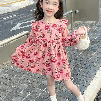 Toddler Girls Long Sleeve Dress Fall Autuman Cotton Casual Floal Printed Round Neck dress