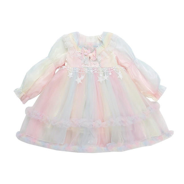 Girls Long Sleeve Spring Rainbow Dress - Fashionable Flowing Lace Dress Princess Dress