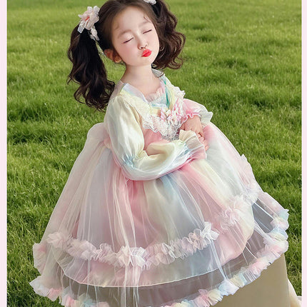 Girls Long Sleeve Spring Rainbow Dress - Fashionable Flowing Lace Dress Princess Dress