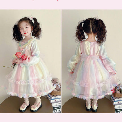 Girls Long Sleeve Spring Rainbow Dress - Fashionable Flowing Lace Dress Princess Dress
