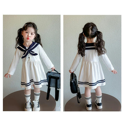 Little Girls Pleated Sailor Long Sleeve Dresses Spring and Autumn Dress