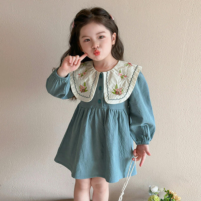 Toddler Girls Drees Peter Pan Collar Ruffle Flower Long Sleeve Dress