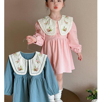 Toddler Girls Drees Peter Pan Collar Ruffle Flower Long Sleeve Dress