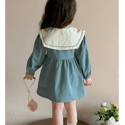 Toddler Girls Drees Peter Pan Collar Ruffle Flower Long Sleeve Dress