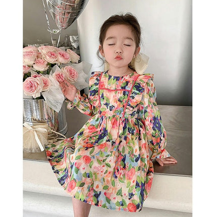 Toddler Girls Ruffle Dress Long Sleeve Flower Flowy Pleated Party Dresses