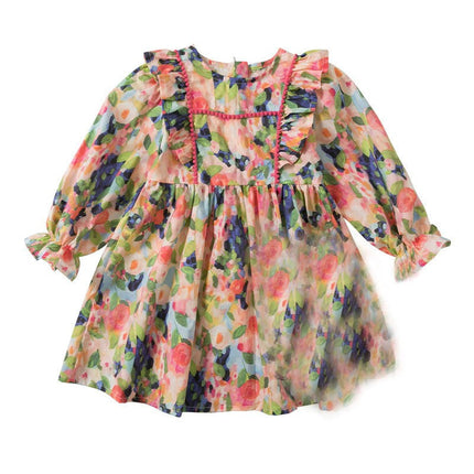 Toddler Girls Ruffle Dress Long Sleeve Flower Flowy Pleated Party Dresses