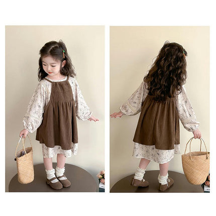 Girls Dress Floral Pattern School Style Two Piece Set Long Sleeve Dresses