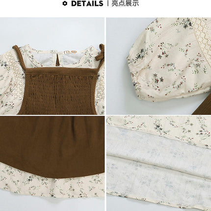 Girls Dress Floral Pattern School Style Two Piece Set Long Sleeve Dresses